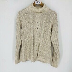 VTG Cream Cable Knit 100% Cotton Turtleneck Sweater Large Sears Rory Gilmore
